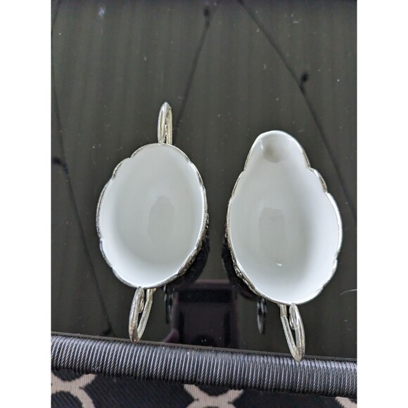 Silverplate Embossed Floral Vtg Sugar Bowl Creamer w Tray White Porcelain Rare - Picture 6 of 16